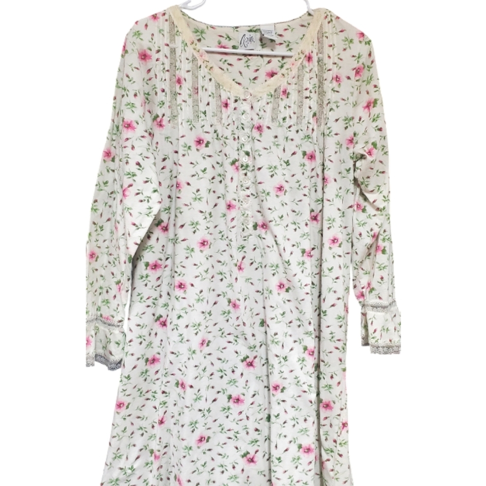 Aria 100% Cotton Long Floral Print & Lace Trim Nightgown in Medium - Picture 11 of 11